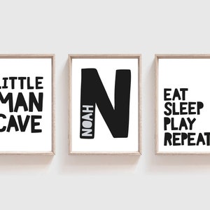 3 Boys Nursery Prints, Little Man Cave, Monochrome Name Print, Boys Nursery Wall Art, Boys Bedroom Prints, Boys Bedroom Decor, Boys Wall Art