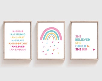 Set of 3 Girls Nursery Prints, Affirmation Print, Self Love, Girls Bedroom Decor, Girls Bedroom Prints, Nursery Wall Art, Girls Wall Art