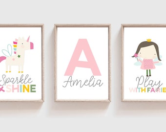 Set of 3, Girls Nursery Prints, Unicorn, Fairies, Girls Bedroom Prints, Rainbow Print, Rainbow Wall Art, Pastel Colours, Girls Wall Art