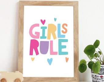 Girls Rule Print,Girls nUrsery Print, Girls Bedroom Prints, Girls Bedroom Decor, Kids Wall Art, Gift for Girls, Playroom Prints