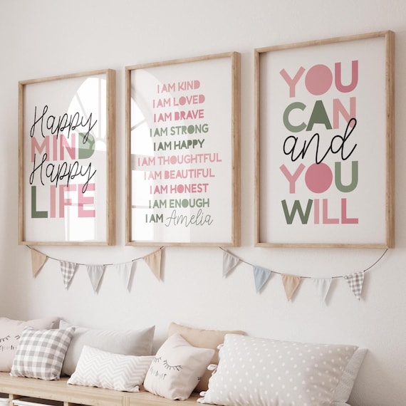 Set of 3 Girls Affirmation Prints, Sage Green and Pink, Motivational Prints, Girls Bedroom Decor, Girls Nursery Prints, Playroom Prints