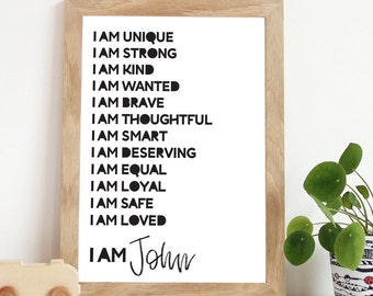Boys Bedroom Decor, Positive Affirmation Prints, I AM Print, Monochrome Boys Bedroom Prints, Monochrome Wall Art, Boys Nursery Decor