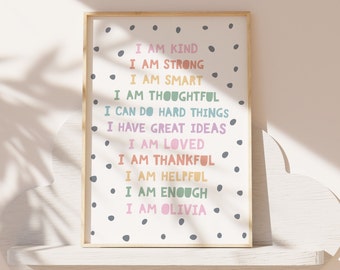 Impresión de afirmación de niñas, decoración de dormitorio de niñas, impresiones positivas y personalizadas, afirmaciones, arte de pared para niñas, sala de juegos, arte de pared motivacional