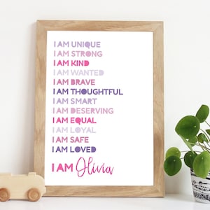 I am print, Girls Bedroom Prints, Positive Affirmation Print, Girls Nursery Prints, Girls Wall Art, You Are So Loved, Nursery Quotes, Pink