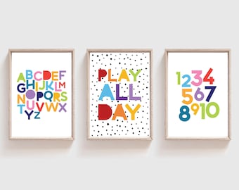 Set of 3 Colourful Playroom Prints, Play All Day, Nursery Wall Art, Boys Bedroom Decor, Girls Bedroom Decor, Kids Wall Art, Nursery Wall Art