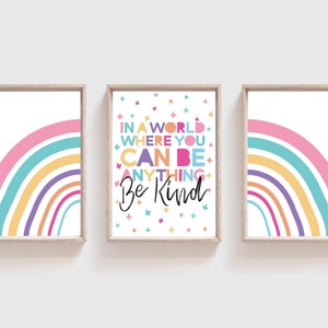Set of 3 Girls Nursery Prints, Rainbow Prints, Girls Bedroom Decor, Be Kind, Rainbow Wall Art, Girls Wall Art, Playroom Prints, Pastel
