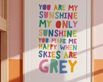 You Are My Sunshine Print, Rainbow Prints, Colourful, Playroom, Girls Nursery Prints, Toddler Bedroom, Nursery Decor, Girls Bedroom Decor