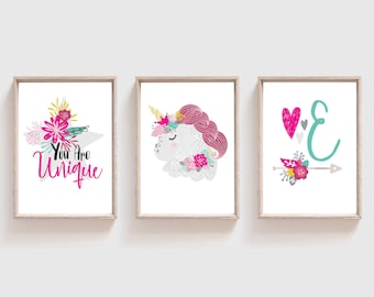 3 Girls Nursery Prints,Unicorn Prints, Girls Nursery Decor, Girls Bedroom Decor, Unicorn Wall Art, Nursery Wall Art, Set of 3 Unicorn Prints