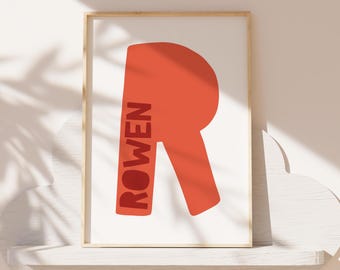 Personalised Initial Print, Orange, Boys Nursery Prints, Kids Wall Art, Boys Bedroom Decor, Girls Bedroom Decor, Kids Wall Art, Baby Gift