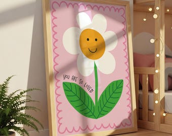 Estampado infantil de flores sonrientes, Estampado "Eres muy querido", Ilustración de flores, Estampado para habitación de niña, Decoración para dormitorio de niña, Habitación infantil, Colorido