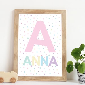Girls Personalised Initial Name Print, Pastel Nursery Print, Girls Bedroom Prints, Muted Pink, Blush Pink, Nursery Wall Art, Kids Wall Art