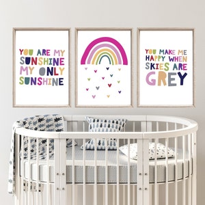 Set of 3 Girls Nursery Prints, Playroom, Pink Rainbow, Girls Nursery Decor, Playroom Prints, You Are My Sunshine Prints, Girls Bedroom Decor
