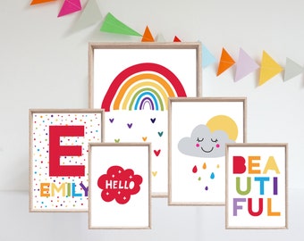 5 Girls Nursery Prints, Girls Rainbow Wall Art, Name Print, Girls Bedroom Prints, Girls Bedroom Decor, Playroom Prints, Girls Nursery Print