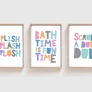 Set di 3 stampe per il bagno, arte murale per il bagno dei bambini, decorazioni per il bagno dei bambini, Splash Splash Splash, poster per il bagno, cartelli per il bagno, arte per il bagno