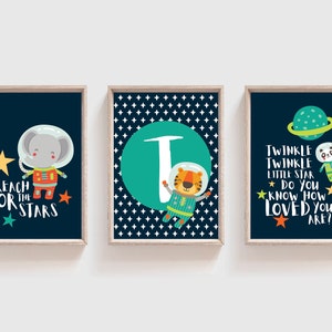 Può includere: Tre stampe incorniciate con sfondo blu e stelle bianche. Ogni stampa presenta un animale diverso che indossa una tuta da astronauta. La prima stampa presenta un elefante con il testo "Reach for the stars". La seconda stampa presenta una tigre con la lettera "T". La terza stampa presenta un panda con il testo "Twinkle twinkle little star, do you know how loved you are?"