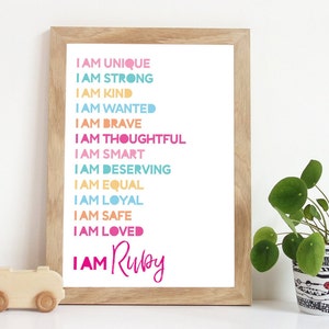 Girls Positive Affirmation Print, Girls Bedroom Decor, I am Print, Girls Nursery Prints, Playroom Decor, Girls Wall Art, Motivational Quote