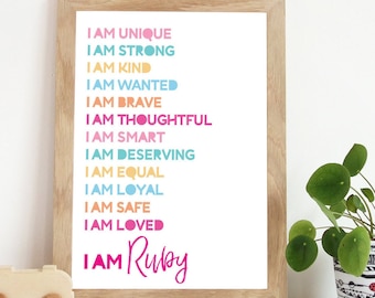 Girls Positive Affirmation Print, Girls Bedroom Decor, I am Print, Girls Nursery Prints, Playroom Decor, Girls Wall Art, Motivational Quote