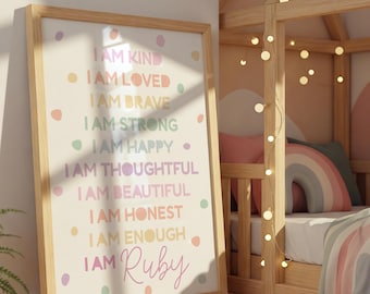 Impresión de afirmación personalizada para niñas, impresiones de arcoíris, decoración de dormitorio para niñas, arte mural para niñas, impresiones positivas, guardería para niñas, motivación