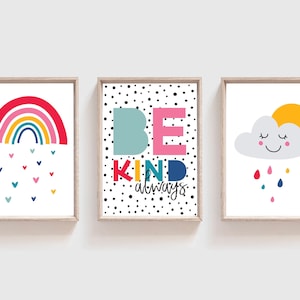 Set of 3 Girls Nursery Prints, Be Kind Print, Rainbow Wall Art, Rainbow Print, Girls Bedroom Prints, Playroom Prints, Girls Nursery Wall Art