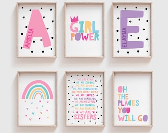Set di 6 stampe per la camera delle bambine, citazioni motivazionali, stampe personalizzate, affermazioni, arte murale arcobaleno, decorazioni per la camera delle bambine, Girl Power