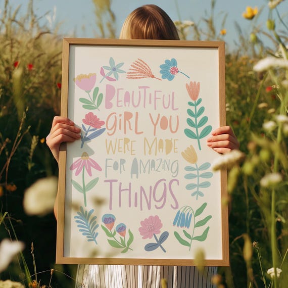 Beautiful Girl Print, Wildflower Print, Pastel Colours, Girls Bedroom Print, Girls Nursery Print, Rainbow, Girls Bedroom Decor, Affirmation