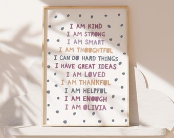 Lámina de afirmación personalizada para niñas, decoración de dormitorio para niñas, colores pastel, arte mural de arcoíris, láminas positivas, guardería para niñas, decoración de sala de juegos