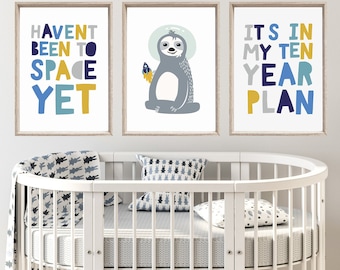 Set of 3 Sloth Nursery Prints, Animal Nursery Decor, Sloth in Space Print, Sloth Nursery Print, Nursery Decor, Baby Gift, Boys Bedroom Print