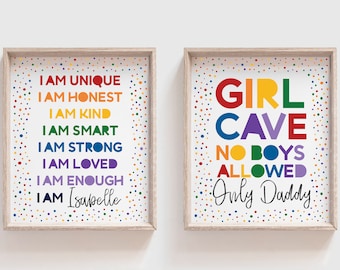Set of 2 Affirmation Print Set, Girl Cave, Rainbow Prints, Girls Bedroom, Colourful, Playroom Prints, Playroom Decor, Personalised