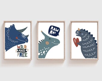 Juego de 3 impresiones de dinosaurios, impresiones para la habitación de los niños, impresiones para el dormitorio de los niños, arte de pared de dinosaurios, cita de dinosaurios, arte de pared para la habitación de los niños, decoración de dinosaurios