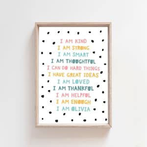 Girls Affirmation Print, I Am, Positive, Personalised, Affirmations, Childs Print, Girls Bedroom Decor, Playroom, Bedroom, Toddler Room