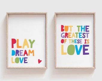 Set of 2 Rainbow Prints, Bible Verse Print, Boys Bedroom Prints, Girls Nursery Prints, Girls Bedroom, Colourful, Loved, Scripture, Playroom