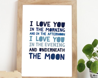 Ich liebe dich am Morgen und unter dem Mond Druck, Jungen Kinderzimmer Drucke, Jungen Schlafzimmer Dekor, Jungen Kinderzimmer Dekor, Kinderzimmer Zitate