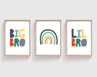 3 Boys Nursery Prints, Boys Bedroom Decor, Brother Prints, Playroom Decor, Brothers Bedroom Prints, Big Bro, Little Bro, Rainbow Wall Art
