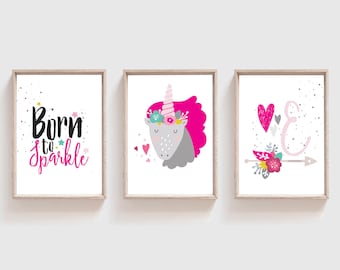 Girls Nursery Prints, Set of 3 Unicorn Prints, Unicorn Decor, Girls Nursery Decor, Girls Bedroom Decor, Unicorn Wall Art, Pink Nursery