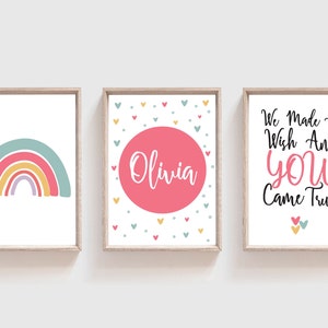 Set of 3 Girls Nursery Prints, Rainbow Prints, Personalised Baby Print, Girls Wall Print, Rainbow Decor, Rainbow Nursery Print, Pastel