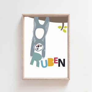 Personalised Name Print, Boys Nursery Prints, Animal Nursery Print, New Baby Gift, Baby Boy Gift, Boys Nursery Decor, Sloth Nursery