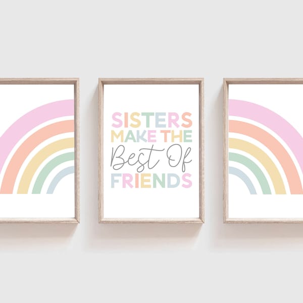 Sister Make The Best Of Friends Print Set, Sister Wall Art, Sibling Prints, Girls Bedroom Wall Art, Rainbow Wall Art, Pastel Colours