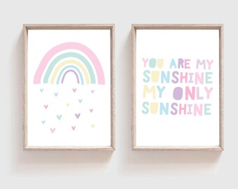Set of 2 Girls Nursery Prints, You Are My Sunshine Prints, Girls Nursery Decor, Girls Bedroom Prints Playroom Prints, Girls Nursery Wall Art