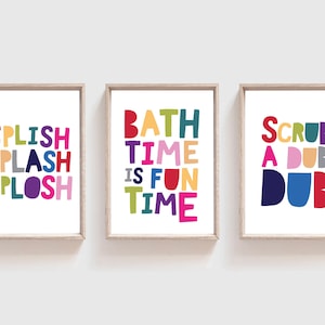 Let of 3 Kids Bathroom Prints, Splish Splash Splash Print, Scrub A Dub, Bathroom Wall Art, Bathroom Signs, Kids Bathroom Decor, Bathroom