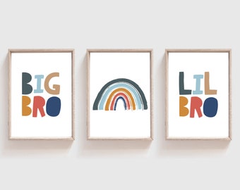 Set of 3 Boys Nursery Prints, Boys Bedroom Decor, Brother Prints, Playroom Decor, Brothers Bedroom, Big Bro, Little Bro, Rainbow Wall Art