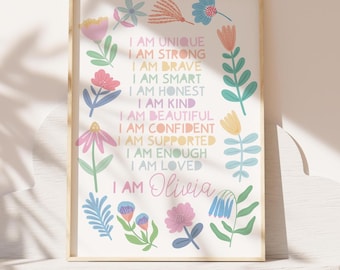 Lámina con mensajes positivos personalizados para niñas, decoración para dormitorio de niñas, floral, colores pastel, arte mural arcoíris, láminas positivas, decoración para guardería de niñas