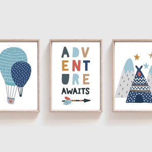 3 Boys Nursery Prints, Adventure Awaits, Boho Nursery Decor, Scandinavian Nursery Prints, Boys Bedroom Prints, Boys Bedroom Decor, Playroom