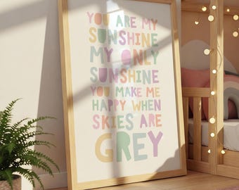 You Are My Sunshine Print, Rainbow Prints, Pastel, Girls Nursery Prints, Toddler Bedroom, Girls Nursery Wall Art, Girls Bedroom Decor