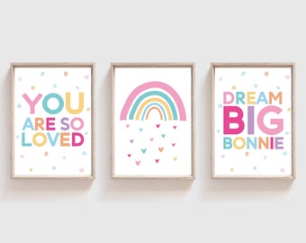Set of 3 Girls Nursery Prints, You Are Loved Print, Dream Big, Girls Bedroom Prints, Nursery Wall Art, Girls Bedroom Decor, Nursery Quotes