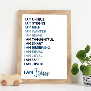 Boys Positive Affirmation Print, Boys Bedroom Decor, I am Print, Boys Nursery Print, Playroom Decor, Boys Motivational Wall Art, Kids Room