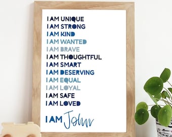 Boys Positive Affirmation Print, Boys Bedroom Decor, I am Print, Boys Nursery Print, Playroom Decor, Boys Motivational Wall Art, Kids Room