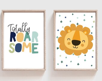 Set di 2 stampe per cameretta dei bambini con motivo a leone, safari, giungla, cameretta dei bambini, cameretta dei bambini, stampe per cameretta dei bambini, stampe per cameretta degli animali, Totally Roarsome