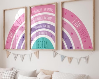 Juego de 3 láminas de arcoíris personalizadas, decoración para dormitorio de niña, láminas para guardería, arte de pared de arcoíris, lámina de afirmación para niña, lámina "Eres amado"