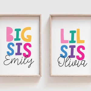 Conjunto de 2 impresiones de hermana, impresión de Big Sis Lil Sis, impresiones de dormitorio de niñas, decoración de dormitorio de niñas, impresiones de hermanos, colorido, decoración de sala de juegos