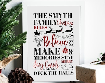May include: A white framed print with black and red text that reads "The Smyth Family Christmas Rules: Believe, Make Memories Stay, Merry Jing Carols fa la la la la, Deck the Halls". The print features a black silhouette of Santa Claus in a sleigh pulled by reindeer.